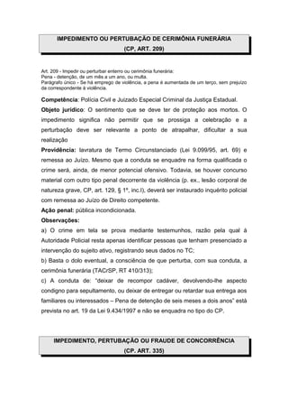 IMPEDIMENTO OU PERTUBAÇÃO DE CERIMÔNIA FUNERÁRIA
                                    (CP, ART. 209)


Art. 209 - Impedir ou perturbar enterro ou cerimônia funerária:
Pena - detenção, de um mês a um ano, ou multa.
Parágrafo único - Se há emprego de violência, a pena é aumentada de um terço, sem prejuízo
da correspondente à violência.

Competência: Polícia Civil e Juizado Especial Criminal da Justiça Estadual.
Objeto jurídico: O sentimento que se deve ter de proteção aos mortos. O
impedimento significa não permitir que se prossiga a celebração e a
perturbação deve ser relevante a ponto de atrapalhar, dificultar a sua
realização
Providência: lavratura de Termo Circunstanciado (Lei 9.099/95, art. 69) e
remessa ao Juízo. Mesmo que a conduta se enquadre na forma qualificada o
crime será, ainda, de menor potencial ofensivo. Todavia, se houver concurso
material com outro tipo penal decorrente da violência (p. ex., lesão corporal de
natureza grave, CP, art. 129, § 1º, inc.I), deverá ser instaurado inquérito policial
com remessa ao Juízo de Direito competente.
Ação penal: pública incondicionada.
Observações:
a) O crime em tela se prova mediante testemunhos, razão pela qual à
Autoridade Policial resta apenas identificar pessoas que tenham presenciado a
intervenção do sujeito ativo, registrando seus dados no TC;
b) Basta o dolo eventual, a consciência de que perturba, com sua conduta, a
cerimônia funerária (TACrSP, RT 410/313);
c) A conduta de: “deixar de recompor cadáver, devolvendo-lhe aspecto
condigno para sepultamento, ou deixar de entregar ou retardar sua entrega aos
familiares ou interessados – Pena de detenção de seis meses a dois anos” está
prevista no art. 19 da Lei 9.434/1997 e não se enquadra no tipo do CP.




     IMPEDIMENTO, PERTUBAÇÃO OU FRAUDE DE CONCORRÊNCIA
                                    (CP. ART. 335)
 