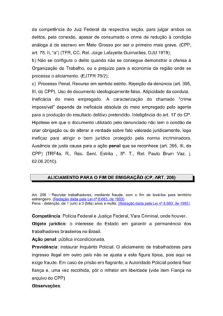 da competência do Juiz Federal da respectiva seção, para julgar ambos os
delitos, pela conexão, apesar de consumado o crime de redução à condição
análoga à de escravo em Mato Grosso por ser o primeiro mais grave. (CPP,
art. 78, II, “a”) (TFR, CC, Rel. Jorge Lafayette Guimarães, DJU 1978);
b) Não se configura o delito quando não se consegue demonstrar a ofensa à
Organização do Trabalho, ou o prejuízo para a economia da região onde se
processa o aliciamento. (EJTFR 76/2);
c) Processo Penal. Recurso em sentido estrito. Rejeição da denúncia (art. 395,
III, do CPP). Uso de documento ideologicamente falso. Atipicidade da conduta.
Ineficácia do meio empregado. A caracterização do chamado "crime
impossível" depende da ineficácia absoluta do meio empregado pelo agente
para a produção do resultado delitivo pretendido. Inteligência do art. 17 do CP.
Hipótese em que o documento utilizado pelo denunciado não tem o condão de
criar obrigação ou de alterar a verdade sobre fato valorado juridicamente, logo
ineficaz para atingir o bem jurídico protegido pela norma incriminadora.
Ausência de justa causa para a ação penal que se reconhece (art. 395, III, do
CPP) (TRF4a. R., Rec. Sent. Estrito , 8ª. T., Rel. Paulo Brum Vaz, j.
02.06.2010).


         ALICIAMENTO PARA O FIM DE EMIGRAÇÃO (CP, ART. 206)


Art. 206 - Recrutar trabalhadores, mediante fraude, com o fim de levá-los para território
estrangeiro. (Redação dada pela Lei nº 8.683, de 1993)
Pena - detenção, de 1 (um) a 3 (três) anos e multa. (Redação dada pela Lei nº 8.683, de 1993)


Competência: Polícia Federal e Justiça Federal, Vara Criminal, onde houver.
Objeto jurídico: o interesse do Estado em garantir a permanência dos
trabalhadores brasileiros no Brasil.
Ação penal: pública incondicionada.
Providência: instaurar Inquérito Policial. O aliciamento de trabalhadores para
ingresso ilegal em outro país não se ajusta a esta figura típica, pois aqui se
exige fraude. Em caso de prisão em flagrante, a Autoridade Policial poderá fixar
fiança e, uma vez recolhida, pôr o infrator em liberdade (vide item Fiança no
arquivo do CPP)
Observações:
 
