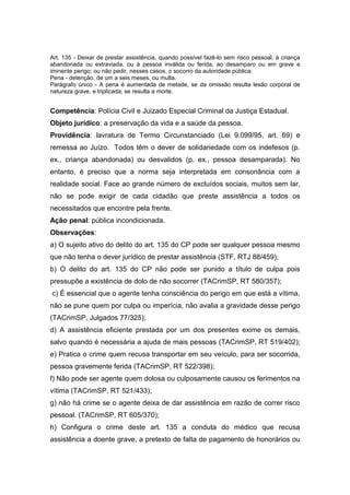 Art. 135 - Deixar de prestar assistência, quando possível fazê-lo sem risco pessoal, à criança
abandonada ou extraviada, ou à pessoa inválida ou ferida, ao desamparo ou em grave e
iminente perigo; ou não pedir, nesses casos, o socorro da autoridade pública:
Pena - detenção, de um a seis meses, ou multa.
Parágrafo único - A pena é aumentada de metade, se da omissão resulta lesão corporal de
natureza grave, e triplicada, se resulta a morte.


Competência: Polícia Civil e Juizado Especial Criminal da Justiça Estadual.
Objeto jurídico: a preservação da vida e a saúde da pessoa.
Providência: lavratura de Termo Circunstanciado (Lei 9.099/95, art. 69) e
remessa ao Juízo. Todos têm o dever de solidariedade com os indefesos (p.
ex., criança abandonada) ou desvalidos (p. ex., pessoa desamparada). No
entanto, é preciso que a norma seja interpretada em consonância com a
realidade social. Face ao grande número de excluídos sociais, muitos sem lar,
não se pode exigir de cada cidadão que preste assistência a todos os
necessitados que encontre pela frente.
Ação penal: pública incondicionada.
Observações:
a) O sujeito ativo do delito do art. 135 do CP pode ser qualquer pessoa mesmo
que não tenha o dever jurídico de prestar assistência (STF, RTJ 88/459);
b) O delito do art. 135 do CP não pode ser punido a título de culpa pois
pressupõe a existência de dolo de não socorrer (TACrimSP, RT 580/357);
c) É essencial que o agente tenha consciência do perigo em que está a vítima,
não se pune quem por culpa ou imperícia, não avalia a gravidade desse perigo
(TACrimSP, Julgados 77/325);
d) A assistência eficiente prestada por um dos presentes exime os demais,
salvo quando é necessária a ajuda de mais pessoas (TACrimSP, RT 519/402);
e) Pratica o crime quem recusa transportar em seu veículo, para ser socorrida,
pessoa gravemente ferida (TACrimSP, RT 522/398);
f) Não pode ser agente quem dolosa ou culposamente causou os ferimentos na
vítima (TACrimSP, RT 521/433);
g) não há crime se o agente deixa de dar assistência em razão de correr risco
pessoal. (TACrimSP, RT 605/370);
h) Configura o crime deste art. 135 a conduta do médico que recusa
assistência a doente grave, a pretexto de falta de pagamento de honorários ou
 