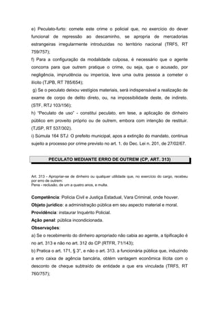 e) Peculato-furto: comete este crime o policial que, no exercício do dever
funcional de repressão ao descaminho, se apropria de mercadorias
estrangeiras irregularmente introduzidas no território nacional (TRF5, RT
759/757);
f) Para a configuração da modalidade culposa, é necessário que o agente
concorra para que outrem pratique o crime, ou seja, que o acusado, por
negligência, imprudência ou imperícia, leve uma outra pessoa a cometer o
ilícito (TJPB, RT 785/654);
g) Se o peculato deixou vestígios materiais, será indispensável a realização de
exame de corpo de delito direto, ou, na impossibilidade deste, de indireto.
(STF, RTJ 103/156);
h) “Peculato de uso” - constitui peculato, em tese, a aplicação de dinheiro
público em proveito próprio ou de outrem, embora com intenção de restituir.
(TJSP, RT 537/302).
i) Súmula 164 STJ: O prefeito municipal, apos a extinção do mandato, continua
sujeito a processo por crime previsto no art. 1. do Dec. Lei n. 201, de 27/02/67.


          PECULATO MEDIANTE ERRO DE OUTREM (CP, ART. 313)


Art. 313 - Apropriar-se de dinheiro ou qualquer utilidade que, no exercício do cargo, recebeu
por erro de outrem:
Pena - reclusão, de um a quatro anos, e multa.


Competência: Polícia Civil e Justiça Estadual, Vara Criminal, onde houver.
Objeto jurídico: a administração pública em seu aspecto material e moral.
Providência: instaurar Inquérito Policial.
Ação penal: pública incondicionada.
Observações:
a) Se o recebimento do dinheiro apropriado não cabia ao agente, a tipificação é
no art. 313 e não no art. 312 do CP (RTFR, 71/143);
b) Pratica o art. 171, § 3°, e não o art. 313. a funcionária pública que, induzindo
a erro caixa de agência bancária, obtém vantagem econômica ilícita com o
desconto de cheque subtraído de entidade a que era vinculada (TRF5, RT
760/757);
 