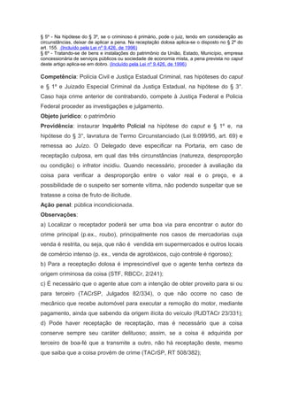 § 5º - Na hipótese do § 3º, se o criminoso é primário, pode o juiz, tendo em consideração as
circunstâncias, deixar de aplicar a pena. Na receptação dolosa aplica-se o disposto no § 2º do
art. 155. (Incluído pela Lei nº 9.426, de 1996)
§ 6º - Tratando-se de bens e instalações do patrimônio da União, Estado, Município, empresa
concessionária de serviços públicos ou sociedade de economia mista, a pena prevista no caput
deste artigo aplica-se em dobro. (Incluído pela Lei nº 9.426, de 1996)

Competência: Polícia Civil e Justiça Estadual Criminal, nas hipóteses do caput
e § 1º e Juizado Especial Criminal da Justiça Estadual, na hipótese do § 3°.
Caso haja crime anterior de contrabando, compete à Justiça Federal e Policia
Federal proceder as investigações e julgamento.
Objeto jurídico: o patrimônio
Providência: instaurar Inquérito Policial na hipótese do caput e § 1º e, na
hipótese do § 3°, lavratura de Termo Circunstanciado (Lei 9.099/95, art. 69) e
remessa ao Juízo. O Delegado deve especificar na Portaria, em caso de
receptação culposa, em qual das três circunstâncias (natureza, desproporção
ou condição) o infrator incidiu. Quando necessário, proceder à avaliação da
coisa para verificar a desproporção entre o valor real e o preço, e a
possibilidade de o suspeito ser somente vítima, não podendo suspeitar que se
tratasse a coisa de fruto de ilicitude.
Ação penal: pública incondicionada.
Observações:
a) Localizar o receptador poderá ser uma boa via para encontrar o autor do
crime principal (p.ex., roubo), principalmente nos casos de mercadorias cuja
venda é restrita, ou seja, que não é vendida em supermercados e outros locais
de comércio intenso (p. ex., venda de agrotóxicos, cujo controle é rigoroso);
b) Para a receptação dolosa é imprescindível que o agente tenha certeza da
origem criminosa da coisa (STF, RBCCr, 2/241);
c) É necessário que o agente atue com a intenção de obter proveito para si ou
para terceiro (TACrSP, Julgados 82/334), o que não ocorre no caso de
mecânico que recebe automóvel para executar a remoção do motor, mediante
pagamento, ainda que sabendo da origem ilícita do veículo (RJDTACr 23/331);
d) Pode haver receptação de receptação, mas é necessário que a coisa
conserve sempre seu caráter delituoso; assim, se a coisa é adquirida por
terceiro de boa-fé que a transmite a outro, não há receptação deste, mesmo
que saiba que a coisa provém de crime (TACrSP, RT 508/382);
 