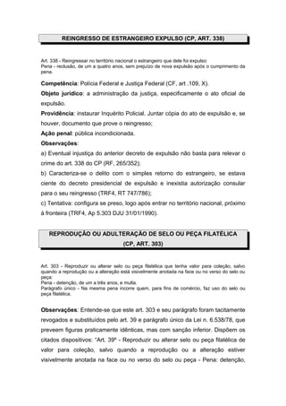 REINGRESSO DE ESTRANGEIRO EXPULSO (CP, ART. 338)


Art. 338 - Reingressar no território nacional o estrangeiro que dele foi expulso:
Pena - reclusão, de um a quatro anos, sem prejuízo de nova expulsão após o cumprimento da
pena.

Competência: Polícia Federal e Justiça Federal (CF, art .109, X).
Objeto jurídico: a administração da justiça, especificamente o ato oficial de
expulsão.
Providência: instaurar Inquérito Policial. Juntar cópia do ato de expulsão e, se
houver, documento que prove o reingresso;
Ação penal: pública incondicionada.
Observações:
a) Eventual injustiça do anterior decreto de expulsão não basta para relevar o
crime do art. 338 do CP (RF, 265/352);
b) Caracteriza-se o delito com o simples retorno do estrangeiro, se estava
ciente do decreto presidencial de expulsão e inexistia autorização consular
para o seu reingresso (TRF4, RT 747/786);
c) Tentativa: configura se preso, logo após entrar no território nacional, próximo
à fronteira (TRF4, Ap 5.303 DJU 31/01/1990).


   REPRODUÇÃO OU ADULTERAÇÃO DE SELO OU PEÇA FILATÉLICA
                                     (CP, ART. 303)


Art. 303 - Reproduzir ou alterar selo ou peça filatélica que tenha valor para coleção, salvo
quando a reprodução ou a alteração está visivelmente anotada na face ou no verso do selo ou
peça:
Pena - detenção, de um a três anos, e multa.
Parágrafo único - Na mesma pena incorre quem, para fins de comércio, faz uso do selo ou
peça filatélica.


Observações: Entende-se que este art. 303 e seu parágrafo foram tacitamente
revogados e substituídos pelo art. 39 e parágrafo único da Lei n. 6.538/78, que
preveem figuras praticamente idênticas, mas com sanção inferior. Dispõem os
citados dispositivos: “Art. 39º - Reproduzir ou alterar selo ou peça filatélica de
valor para coleção, salvo quando a reprodução ou a alteração estiver
visivelmente anotada na face ou no verso do selo ou peça - Pena: detenção,
 