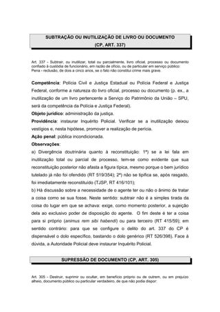 SUBTRAÇÃO OU INUTILIZAÇÃO DE LIVRO OU DOCUMENTO
                                      (CP, ART. 337)


Art. 337 - Subtrair, ou inutilizar, total ou parcialmente, livro oficial, processo ou documento
confiado à custódia de funcionário, em razão de ofício, ou de particular em serviço público:
Pena - reclusão, de dois a cinco anos, se o fato não constitui crime mais grave.


Competência: Polícia Civil e Justiça Estadual ou Polícia Federal e Justiça
Federal, conforme a natureza do livro oficial, processo ou documento (p. ex., a
inutilização de um livro pertencente a Serviço do Patrimônio da União – SPU,
será da competência da Polícia e Justiça Federal).
Objeto jurídico: administração da justiça.
Providência: instaurar Inquérito Policial. Verificar se a inutilização deixou
vestígios e, nesta hipótese, promover a realização de perícia.
Ação penal: pública incondicionada.
Observações:
a) Divergência doutrinária quanto à reconstituição: 1ª) se a lei fala em
inutilização total ou parcial de processo, tem-se como evidente que sua
reconstituição posterior não afasta a figura típica, mesmo porque o bem jurídico
tutelado já não foi ofendido (RT 519/354); 2ª) não se tipifica se, após rasgado,
foi imediatamente reconstituído (TJSP, RT 416/101);
b) Há discussão sobre a necessidade de o agente ter ou não o ânimo de tratar
a coisa como se sua fosse. Neste sentido: subtrair não é a simples tirada da
coisa do lugar em que se achava: exige, como momento posterior, a sujeição
dela ao exclusivo poder de disposição do agente. O fim deste é ter a coisa
para si próprio (animus rem sibi habendi) ou para terceiro (RT 415/59); em
sentido contrário: para que se configure o delito do art. 337 do CP é
dispensável o dolo específico, bastando o dolo genérico (RT 526/398). Face à
dúvida, a Autoridade Policial deve instaurar Inquérito Policial.


                  SUPRESSÃO DE DOCUMENTO (CP, ART. 305)


Art. 305 - Destruir, suprimir ou ocultar, em benefício próprio ou de outrem, ou em prejuízo
alheio, documento público ou particular verdadeiro, de que não podia dispor:
 