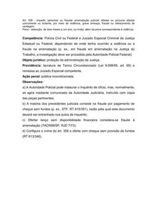 Art. 358 - Impedir, perturbar ou fraudar arrematação judicial; afastar ou procurar afastar
concorrente ou licitante, por meio de violência, grave ameaça, fraude ou oferecimento de
vantagem:
Pena - detenção, de dois meses a um ano, ou multa, além da pena correspondente à violência.


Competência: Polícia Civil ou Federal e Juizado Especial Criminal da Justiça
Estadual ou Federal, dependendo de onde tenha ocorrido a violência ou a
fraude na arrematação (p. ex., em fraude em arrematação na Justiça do
Trabalho, a investigação deve ser procedida pela Autoridade Policial Federal).
Objeto jurídico: proteção da administração da Justiça.
Providência: lavratura de Termo Circunstanciado (Lei 9.099/95, art. 69) e
remessa ao Juizado Especial competente.
Ação penal: pública incondicionada.
Observações:
a) A Autoridade Policial pode instaurar o Inquérito de ofício, mas, normalmente,
só agirá mediante comunicado da Autoridade Judiciária, instruído com cópia
das peças pertinentes;
b) A maioria dos precedentes judiciais consiste na fraude por pagamento de
cheque sem fundos (p. ex., STF, RT 615/391), razão pela qual este documento
deverá ser entranhado nos autos de Inquérito;
c) Ofertar lanço sem disponibilidade financeira considera-se fraude à
arrematação (TACRIM/SP, RJD 7/73);
d) Configura o crime do art. 358 a oferta com cheque sem provisão de fundos
(RT 613/346).
 
