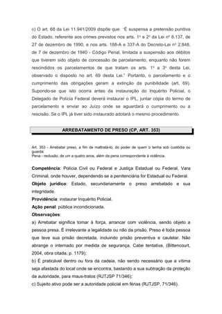 c) O art. 68 da Lei 11.941/2009 dispõe que: “É suspensa a pretensão punitiva
do Estado, referente aos crimes previstos nos arts. 1 o e 2o da Lei no 8.137, de
27 de dezembro de 1990, e nos arts. 168-A e 337-A do Decreto-Lei no 2.848,
de 7 de dezembro de 1940 - Código Penal, limitada a suspensão aos débitos
que tiverem sido objeto de concessão de parcelamento, enquanto não forem
rescindidos os parcelamentos de que tratam os arts. 1o a 3o desta Lei,
observado o disposto no art. 69 desta Lei.” Portanto, o parcelamento e o
cumprimento das obrigações geram a extinção da punibilidade (art. 69).
Supondo-se que isto ocorra antes da instauração do Inquérito Policial, o
Delegado de Polícia Federal deverá instaurar o IPL, juntar cópia do termo de
parcelamento e enviar ao Juízo onde se aguardará o cumprimento ou a
rescisão. Se o IPL já tiver sido instaurado adotará o mesmo procedimento.


                 ARREBATAMENTO DE PRESO (CP, ART. 353)


Art. 353 - Arrebatar preso, a fim de maltratá-lo, do poder de quem o tenha sob custódia ou
guarda:
Pena - reclusão, de um a quatro anos, além da pena correspondente à violência.


Competência: Polícia Civil ou Federal e Justiça Estadual ou Federal, Vara
Criminal, onde houver, dependendo se a penitenciária for Estadual ou Federal.
Objeto jurídico: Estado, secundariamente o preso arrebatado e sua
integridade.
Providência: instaurar Inquérito Policial.
Ação penal: pública incondicionada.
Observações:
a) Arrebatar significa tomar à força, arrancar com violência, sendo objeto a
pessoa presa. É irrelevante a legalidade ou não da prisão. Preso é toda pessoa
que teve sua prisão decretada, incluindo prisão preventiva e cautelar. Não
abrange o internado por medida de segurança. Cabe tentativa. (Bittencourt,
2004, obra citada, p. 1179);
b) É praticável dentro ou fora da cadeia, não sendo necessário que a vítima
seja afastada do local onde se encontra, bastando a sua subtração da proteção
da autoridade, para maus-tratos (RJTJSP 71/346);
c) Sujeito ativo pode ser a autoridade policial em férias (RJTJSP, 71/346).
 