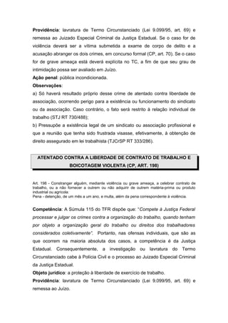Providência: lavratura de Termo Circunstanciado (Lei 9.099/95, art. 69) e
remessa ao Juizado Especial Criminal da Justiça Estadual. Se o caso for de
violência deverá ser a vítima submetida a exame de corpo de delito e a
acusação abranger os dois crimes, em concurso formal (CP, art. 70). Se o caso
for de grave ameaça está deverá explícita no TC, a fim de que seu grau de
intimidação possa ser avaliado em Juízo.
Ação penal: pública incondicionada.
Observações:
a) Só haverá resultado próprio desse crime de atentado contra liberdade de
associação, ocorrendo perigo para a existência ou funcionamento do sindicato
ou da associação. Caso contrário, o fato será restrito à relação individual de
trabalho (STJ RT 730/488);
b) Pressupõe a existência legal de um sindicato ou associação profissional e
que a reunião que tenha sido frustrada visasse, efetivamente, à obtenção de
direito assegurado em lei trabalhista (TJCrSP RT 333/286).


  ATENTADO CONTRA A LIBERDADE DE CONTRATO DE TRABALHO E
                    BOICOTAGEM VIOLENTA (CP, ART. 198)


Art. 198 - Constranger alguém, mediante violência ou grave ameaça, a celebrar contrato de
trabalho, ou a não fornecer a outrem ou não adquirir de outrem matéria-prima ou produto
industrial ou agrícola:
Pena - detenção, de um mês a um ano, e multa, além da pena correspondente à violência.


Competência: A Súmula 115 do TFR dispõe que: “Compete à Justiça Federal
processar e julgar os crimes contra a organização do trabalho, quando tenham
por objeto a organização geral do trabalho ou direitos dos trabalhadores
considerados coletivamente”. Portanto, nas ofensas individuais, que são as
que ocorrem na maioria absoluta dos casos, a competência é da Justiça
Estadual.    Consequentemente,        a   investigação    ou    lavratura   do   Termo
Circunstanciado cabe à Polícia Civil e o processo ao Juizado Especial Criminal
da Justiça Estadual.
Objeto jurídico: a proteção à liberdade de exercício de trabalho.
Providência: lavratura de Termo Circunstanciado (Lei 9.099/95, art. 69) e
remessa ao Juízo.
 