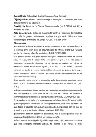 Competência: Policia Civil, Justiça Estadual e Vara Criminal.
Objeto jurídico: a honra objetiva, ou seja, a reputação do indivíduo perante os
demais membros da sociedade.
Providência: lavratura de Termo Circunstanciado (Lei 9.099/95, art. 69) e
remessa ao Juízo.
Ação penal: privada, exceto se a calúnia for contra o Presidente da República
ou chefe de governo estrangeiro, hipótese em que será pública mediante
representação do Ministro da Justiça (CP, art. 145, par. único)
Observações:
a) Não basta à afirmação genérica, sendo necessária a imputação de fato que
o constitua crime com todas as circunstâncias da infração (RDJTJDF 43/257);
b) Não há crime se o fato for verdadeiro (TJPR, RF 259/271);
c) A pessoa jurídica não pode figurar no sujeito passivo do crime de calúnia,
pois, em regra, falta-lhe capacidade penal para delinquir e, como não possui o
sentimento próprio de dignidade ou de decoro, só poderá ser vítima de
difamação, nunca de calúnia ou injúria (TJMG, nº 2.0000.00.360970-1); (Deve-
se levar em conta a recente responsabilização penal da pessoa jurídica por
crimes ambientais, podendo, assim, ser vítima de calúnia quando o fato versar
sobre crimes ambientais.)
d) A calúnia, crime menor, é abrangida pela denunciação caluniosa, crime
maior, quando ambos os delitos estiverem fundados em um mesmo fato (RJD
4/76);
e) Se os querelados tinham razões para acreditar na realidade da imputação
feita aos queixosos, razão não há para se falar em calúnia, por ausente o
elemento subjetivo requerido à configuração do crime (JUTACrimSP 82/158);
f) a exceção da verdade, nos processos por calúnia e difamação, não constitui
questão prejudicial suspensiva do prazo prescricional, mas meio de defesa de
que dispõe o acusado para provar a veracidade da imputação por ele feita ao
acusador, que se sente ofendido em sua honra (RJD 8/80);
g) Os mortos também podem ser caluniados, mas o sujeito passivo serão os
seus parentes (Bittencourt, 2004. obra citada, p. 523);
h) Se o animus do advogado signatário no processo civil, bem como do cliente
que lhes outorgara mandato judicial, foi apenas o de narrar os fatos
 