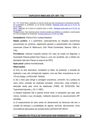 DUPLICATA SIMULADA (CP, ART. 172)


Art. 172 - Emitir fatura, duplicata ou nota de venda que não corresponda à mercadoria vendida,
em quantidade ou qualidade, ou ao serviço prestado. (Redação dada pela Lei nº 8.137, de
27.12.1990)
Pena - detenção, de 2 (dois) a 4 (quatro) anos, e multa. (Redação dada pela Lei nº 8.137, de
27.12.1990)
Parágrafo único. Nas mesmas penas incorrerá aquêle que falsificar ou adulterar a escrituração
do Livro de Registro de Duplicatas. (Incluído pela Lei nº 5.474. de 1968)

Competência: Polícia Civil e Justiça Estadual.
Objeto jurídico: é o patrimônio, particularmente as relações econômicas
provenientes do comércio, objetivando garantir a autenticidade dos institutos
comerciais (Cesar R. Bittencourt, Cód. Penal Comentado, Saraiva, 2004, p.
776).
Providência: instaurar inquérito policial. Em caso de prisão em flagrante, a
Autoridade Policial poderá fixar fiança e, uma vez recolhida, pôr o infrator em
liberdade (vide item Fiança no arquivo do CPP).
Ação penal: pública incondicionada.
Observações:
a) Com ou sem assinatura, verdadeira ou falsa, do aceitante, a emissão de
duplicata a que não corresponde negócio, uma vez feita, enquadra-se no art.
172 do Código. (JTACrimSP, 78/422);
b) Se o meio para atingir a vantagem econômica, crime-fim, foi a prática de
outro crime, emissão de duplicata simulada, crime-meio, resta evidente a
absorção deste pelo crime de estelionato (TARS, AC 297031239, Rel.
Tupinambá Azevedo, j. 20.11.1997);
c) Expedir duplicata não é apenas formar título: é necessário que seja, pelo
menos, tentada a sua circulação, mediante desconto ou caucionamento (RT
433/396);
d) O ressarcimento do dano antes do oferecimento da denúncia não tem o
condão de extinguir a punibilidade do agente, servindo, tão-somente, como
circunstância atenuadora da conduta ilícita (JUTACrim-SP 48/72).


        EMISSÃO DE TÍTULO AO PORTADOR SEM PERMISSÃO LEGAL
 