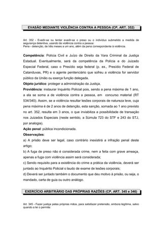 EVASÃO MEDIANTE VIOLÊNCIA CONTRA A PESSOA (CP, ART. 352)


Art. 352 - Evadir-se ou tentar evadir-se o preso ou o indivíduo submetido a medida de
segurança detentiva, usando de violência contra a pessoa:
Pena - detenção, de três meses a um ano, além da pena correspondente à violência.


Competência: Polícia Civil e Juízo de Direito da Vara Criminal da Justiça
Estadual. Eventualmente, será da competência da Polícia e do Juizado
Especial Federal, caso o Presídio seja federal (p. ex., Presídio Federal de
Catanduvas, PR) e o agente penitenciário que sofreu a violência for servidor
público da União ou exerça função delegada.
Objeto jurídico: proteger a administração da Justiça.
Providência: instaurar Inquérito Policial pois, sendo a pena máxima de 1 ano,
a ela se soma a de violência contra a pessoa, em concurso material (RT
534/340). Assim, se a violência resultar lesões corporais de natureza leve, cuja
pena máxima é de 2 anos de detenção, esta sanção, somada ao 1 ano previsto
no art. 352, resulta em 3 anos, o que inviabiliza a possibilidade de transação
nos Juizados Especiais (neste sentido, a Súmula 723 do STF e 243 do STJ,
por analogia).
Ação penal: pública incondicionada.
Observações:
a) A prisão deve ser legal, caso contrário inexistirá a infração penal deste
artigo;
b) A fuga de preso não é considerada crime, nem a feita com grave ameaça,
apenas a fuga com violência assim será considerada;
c) Sendo requisito para a existência do crime a prática da violência, deverá ser
juntado ao Inquérito Policial o laudo de exame de lesões corporais;
d) Deverá ser juntado também o documento que deu motivo à prisão, ou seja, o
mandado, carta de guia ou outro análogo.


 EXERCÍCIO ARBITRÁRIO DAS PRÓPRIAS RAZÕES (CP, ART. 345 e 346)


Art. 345 - Fazer justiça pelas próprias mãos, para satisfazer pretensão, embora legítima, salvo
quando a lei o permite:
 