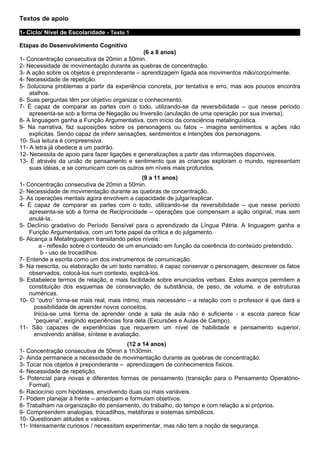 Textos de apoio

1- Ciclo/ Nível de Escolaridade - Texto 1

Etapas do Desenvolvimento Cognitivo
                                               (6 a 8 anos)
1- Concentração consecutiva de 20min a 50min.
2- Necessidade de movimentação durante as quebras de concentração.
3- A ação sobre os objetos é preponderante – aprendizagem ligada aos movimentos mão/corpo/mente.
4- Necessidade de repetição.
5- Soluciona problemas a partir da experiência concreta, por tentativa e erro, mas aos poucos encontra
    atalhos.
6- Suas perguntas têm por objetivo organizar o conhecimento.
7- É capaz de comparar as partes com o todo, utilizando-se da reversibilidade – que nesse período
    apresenta-se sob a forma de Negação ou Inversão (anulação de uma operação por sua inversa).
8- A linguagem ganha a Função Argumentativa, com início da consciência metalinguística.
9- Na narrativa, faz suposições sobre os personagens ou fatos – imagina sentimentos e ações não
    explicitas. Sendo capaz de inferir sensações, sentimentos e intenções dos personagens.
10- Sua leitura é compreensiva.
11- A letra já obedece a um padrão.
12- Necessita de apoio para fazer ligações e generalizações a partir das informações disponíveis.
13- É através da união de pensamento e sentimento que as crianças exploram o mundo, representam
    suas idéias, e se comunicam com os outros em níveis mais profundos.
                                               (9 a 11 anos)
1- Concentração consecutiva de 20min a 50min.
2- Necessidade de movimentação durante as quebras de concentração.
3- As operações mentais agora envolvem a capacidade de julgar/explicar.
4- É capaz de comparar as partes com o todo, utilizando-se da reversibilidade – que nesse período
    apresenta-se sob a forma de Reciprocidade – operações que compensam a ação original, mas sem
    anulá-la.
5- Declínio gradativo do Período Sensível para o aprendizado da Língua Pátria. A linguagem ganha a
    Função Argumentativa, com um forte papel da crítica e do julgamento.
6- Alcança a Metalinguagem transitando pelos níveis:
        a - reflexão sobre o conteúdo de um enunciado em função da coerência do conteúdo pretendido.
         b - uso de trocadilhos.
7- Entende a escrita como um dos instrumentos de comunicação.
8- Na reescrita, ou elaboração de um texto narrativo, é capaz conservar o personagem, descrever os fatos
    observados, colocá-los num contexto, explicá-los.
9- Estabelece termos de relação, e mais facilidade sobre enunciados verbais. Estes avanços permitem a
    constituição dos esquemas de conservação, de substância, de peso, de volume, e de estruturas
    numéricas.
10- O “outro” torna-se mais real, mais íntimo, mais necessário – a relação com o professor é que dará a
      possibilidade de aprender novos conceitos.
      Inicia-se uma forma de aprender onde a sala de aula não é suficiente - a escola parece ficar
      “pequena”, exigindo experiências fora dela (Excursões e Aulas de Campo).
11- São capazes de experiências que requerem um nível de habilidade e pensamento superior,
      envolvendo análise, síntese e avaliação.
                                        (12 a 14 anos)
1- Concentração consecutiva de 50min a 1h30min.
2- Ainda permanece a necessidade de movimentação durante as quebras de concentração.
3- Tocar nos objetos é preponderante – aprendizagem de conhecimentos físicos.
4- Necessidade de repetição.
5- Potencial para novas e diferentes formas de pensamento (transição para o Pensamento Operatório-
    Formal).
6- Raciocínio com hipóteses, envolvendo duas ou mais variáveis.
7- Podem planejar à frente – antecipam e formulam objetivos.
8- Trabalham na organização do pensamento, do trabalho, do tempo e com relação a si próprios.
9- Compreendem analogias, trocadilhos, metáforas e sistemas simbólicos.
10- Questionam atitudes e valores.
11- Intensamente curiosos / necessitam experimentar, mas não tem a noção de segurança.
 