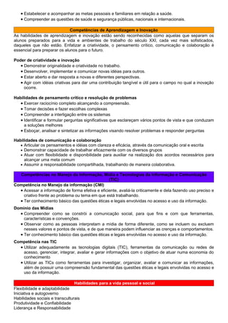 • Estabelecer e acompanhar as metas pessoais e familiares em relação a saúde.
   • Compreender as questões de saúde e segurança públicas, nacionais e internacionais.

                              Competências de Aprendizagem e Inovação
As habilidades de aprendizagem e inovação estão sendo reconhecidas como aquelas que separam os
alunos preparados para a vida e ambientes de trabalho do século XXI, cada vez mais sofisticados,
daqueles que não estão. Enfatizar a criatividade, o pensamento crítico, comunicação e colaboração é
essencial para preparar os alunos para o futuro.

Poder de criatividade e inovação
   • Demonstrar originalidade e criatividade no trabalho.
   • Desenvolver, implementar e comunicar novas idéias para outros.
   • Estar aberto e dar resposta a novas e diferentes perspectivas.
   • Agir com idéias criativas para dar uma contribuição tangível e útil para o campo no qual a inovação
     ocorre.

Habilidades de pensamento crítico e resolução de problemas
   • Exercer raciocínio completo alcançando a compreensão.
   • Tomar decisões e fazer escolhas complexas
   • Compreender a interligação entre os sistemas
   • Identificar e formular perguntas significativas que esclareçam vários pontos de vista e que conduzam
     a soluções melhores
   • Esboçar, analisar e sintetizar as informações visando resolver problemas e responder perguntas

Habilidades de comunicação e colaboração
   • Articular os pensamentos e idéias com clareza e eficácia, através da comunicação oral e escrita
   • Demonstrar capacidade de trabalhar eficazmente com os diversos grupos
   • Atuar com flexibilidade e disponibilidade para auxiliar na realização dos acordos necessários para
     alcançar uma meta comum
   • Assumir a responsabilidade compartilhada, trabalhando de maneira colaborativa.

  Competências no Manejo da Informação, Mídia e Tecnologias da Informação e Comunicação
                                                 (TIC)
Competência no Manejo da informação (CMI)
  • Acessar a informação de forma efetiva e eficiente, avaliá-la criticamente e dela fazendo uso preciso e
    criativo frente ao problema ou tema em que está trabalhando.
  • Ter conhecimento básico das questões éticas e legais envolvidas no acesso e uso da informação.
Domínio das Mídias
  • Compreender como se constrói a comunicação social, para que fins e com que ferramentas,
    características e convenções.
  • Observar como as pessoas interpretam a mídia de forma diferente, como se incluem ou excluem
    nesses valores e pontos de vista, e de que maneira podem influenciar as crenças e comportamentos.
  • Ter conhecimento básico das questões éticas e legais envolvidas no acesso e uso da informação.
Competência nas TIC
  • Utilizar adequadamente as tecnologias digitais (TIC), ferramentas da comunicação ou redes de
    acesso, gerenciar, integrar, avaliar e gerar informações com o objetivo de atuar numa economia do
    conhecimento
  • Utilizar as TICs como ferramentas para investigar, organizar, avaliar e comunicar as informações,
    além de possuir uma compreensão fundamental das questões éticas e legais envolvidas no acesso e
    uso da informação.

                                 Habilidades para a vida pessoal e social
Flexibilidade e adaptabilidade
Iniciativa e autogoverno
Habilidades sociais e transculturais
Produtividade e Confiabilidade
Liderança e Responsabilidade
 