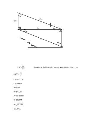 c.o
    Tg30°=             Resposta; A distância entre o ponto A e o ponto C é de 5,77m.
                 c.a

           c.o
0,5774=
            5

c.o=5x0,5774

c.o= 2,88 m

H²=c²+c²

H²=5²+2,88²

H²=25+8,2944

H²=33,2944

H= 33,2944

H=5,77 m.
 