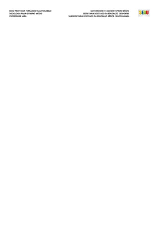 EEEM PROFESSOR FERNANDO DUARTE RABELO
SOCIOLOGIA PARA O ENSINO MÉDIO
PROFESSORA SARA
GOVERNO DO ESTADO DO ESPÍRITO SANTO
SECRETARIA DE ESTADO DA EDUCAÇÃO E ESPORTES
SUBSECRETARIA DE ESTADO DA EDUCAÇÃO BÁSICA E PROFISSIONAL
 