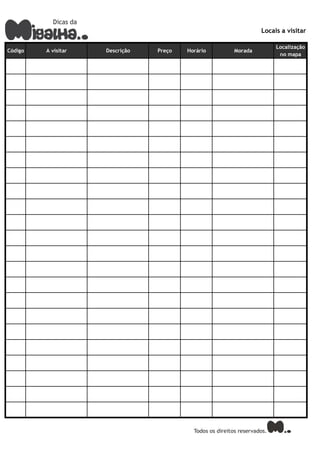 Locais a visitar

                                                                 Localização
Código   A visitar   Descrição   Preço   Horário   Morada
                                                                  no mapa
 