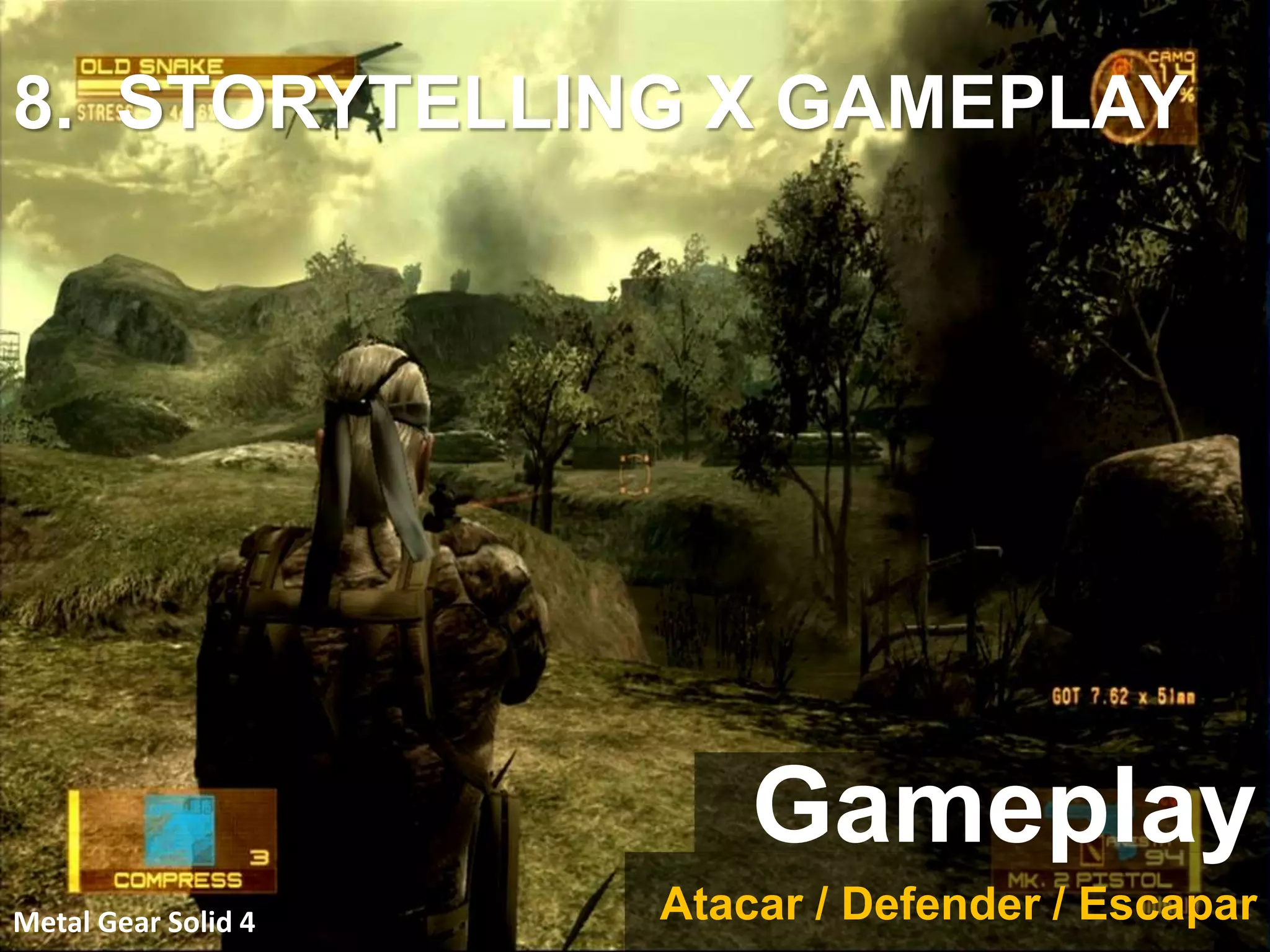 Metal Gear Solid 4 Atacar / Defender / Escapar
Gameplay
8. STORYTELLING X GAMEPLAY
 