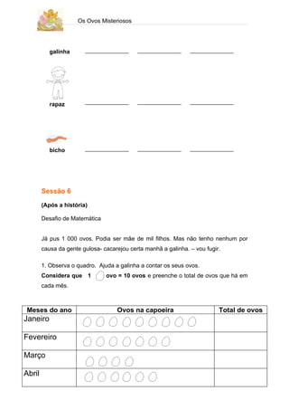 Os Ovos Misteriosos




           galinha




           rapaz




           bicho




        Sessão 6

        (Após a história)

        Desafio de Matemática


        Já pus 1 000 ovos. Podia ser mãe de mil filhos. Mas não tenho nenhum por
        causa da gente gulosa- cacarejou certa manhã a galinha. – vou fugir.

        1. Observa o quadro. Ajuda a galinha a contar os seus ovos.
        Considera que 1         ovo = 10 ovos e preenche o total de ovos que há em
        cada mês.



Meses do ano                        Ovos na capoeira                       Total de ovos
Janeiro

Fevereiro

Março

Abril
 