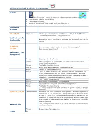 Atividade	de	dinamização	da	Biblioteca	“À	Roda	dos	Livros” 	
	
___________________________________________________________Roteiro	de	leitura	Orientada__________________	
2	|	3	
Material	
• Meireles,	Cecília	–“Ou	isto	ou	aquilo”.	Il.	Thais	Linhares.	Ed.	Nova	Horizonte			
• Fotocópias	dos	poemas:	“Isto	ou	aquilo!”	
• Computadores/projetor	
• Vídeo	“Ou	isto	ou	aquilo”	interpretado	pelo	Quintal	da	cultura.	
• 	
Descrição	da	
Atividade	
	
	 	
PRÉ-LEITURA	
	
Na	biblioteca	/	sala	
de	informática	
	
	
DURANTE	A		
LEITURA		
	
Na	biblioteca	/	sala	
de	informática	
	
Introdução	 Informar	que	vamos	explorar	a	obra	“Isto	ou	Aquilo”,	de	Cecília	Meireles.	
Quem	é/foi	Cecília	Meireles?	Vamos	conhecê-la!!	
	
A	professora	 mostra	o	interior	do	livro.	Que	tipo	de	livro	é?	Narrativo	ou	
poético?	
	
	
Comecemos	por	ver/ouvir	o	vídeo	do	poema	“Ou	isto	ou	aquilo”	
Quais	as	palavras	que	rimam?	
	
	
	 Alunos	 Escuta	e	partilha	de	reflexões.		
	 Indução	1			 O	poema	está	cheio	de	situações	que	não	podem	acontecer	ao	mesmo	
tempo.	Faz	o	levantamento.	
	 Alunos	 Partilha	de	reflexões	oralmente.		
	 Indução	2	 Vamos	agora	fazer	um	exercício	sobre	estas	situações	
	 Alunos	 Exercício	na	plataforma	Educaplay		
	 Indução	3	 Leitura	do	poema	pela	turma.	Cada	verso	está	com	uma	cor	diferente:	cor	
laranja,	para	as	meninas;	cor	azul,	para	os	rapazes.	Primeiro,	é	feita	uma	
leitura	muito	devagar	para	os	alunos	se	apropriarem	das	palavras	do	texto;	é	
feita	a	leitura	coletiva	e	a	pares	e	a	leitura	em	coro.	
	 Alunos	 Leitura	em	voz	alta	pelos	alunos	
	 Indução	4	 Agora	vamos	ouvir	o	poema	“A	língua	de	Nhem”		
	 Indução	5	 O	que	sentiram?	Conseguem	contar	a	história	do	poema?	
	 Alunos	 Partilha	de	reflexões	oralmente.		
Os	 alunos	 escrevem	 um	 texto	 narrativo	 do	 poema	 ouvido	 e	 contado	
oralmente.	
DEPOIS	DA	LEITURA	
	
	
	
	
	
Na	sala	de	aula	
Desenvolvimento	 Na	 sala	 de	 aula	 cada	 turma	 ouve	 outro	 poema,	 à	 escolha	 das	 propostas	
apresentadas	no	site	da	biblioteca,	e	começam	a	atividade	"Leitura	na	ponta	
do	lápis...".	A	audição	de	cada	poema	tem	como	objetivo	a	elaboração de	
uma	ilustração	coletiva	de	cada	um.	A	ilustração	deve	ser	realizada	em	folha	
A3	e	com	diversos	materiais	e	técnicas.	Na	folha	A3	deve	constar	a	ilustração	
e	o	próprio	poema.	
Após	 a	 conclusão	 do	 trabalho	 far-se-á	 uma	 exposição,	 na	 biblioteca,	 dos	
trabalhos	realizados.	
	
	 Alunos	 Os	alunos	desenham	os	poemas.	
Tempo	 1h	
 