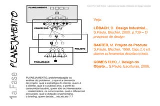 Veja:

LÖBACH, B. Design Industrial...
S.Paulo, Blücher, 2000. p.139 – O
processo de design.

BAXTER, M. Projeto de Produto.
S.Paulo, Blücher, 1998. Caps. 2, 6 e 8.
observe as ferramentas descritas no texto.

GOMES FILHO, J. Design do
Objeto... S.Paulo, Escrituras, 2006.
 