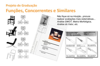 Projeto de Graduação
Funções, Concorrentes e Similares
                        Não fique só na intuição...procure
                        realizar avaliações mais sistemáticas...
                        Análise SWOT, Matriz Morfológica,
                        Análise do Valor, etc.
 