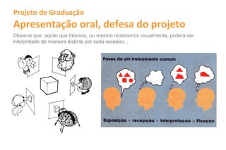 Projeto de Graduação
Apresentação oral, defesa do projeto
Observe que, aquilo que falamos, ou mesmo mostramos visualmente, poderá ser
interpretado de maneira distinta por cada receptor...
 