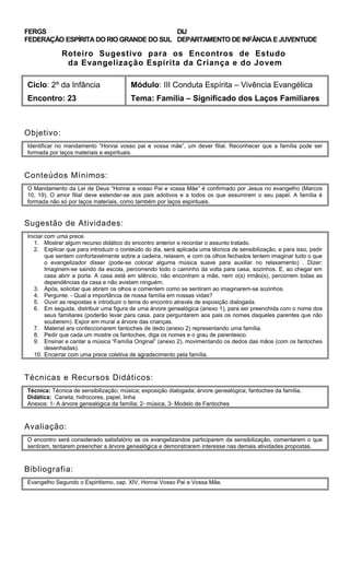 FERGS
FEDERAÇÃO ESPÍRITA DO RIO GRANDE DO SUL
DIJ
DEPARTAMENTO DE INFÂNCIA E JUVENTUDE
Roteiro Sugestivo para os Encontros de Estudo
da Evangelização Espírita da Criança e do Jovem
Ciclo: 2º da Infância Módulo: III Conduta Espírita – Vivência Evangélica
Encontro: 23 Tema: Família – Significado dos Laços Familiares
Objetivo:
Identificar no mandamento “Honrai vosso pai e vossa mãe”, um dever filial. Reconhecer que a família pode ser
formada por laços materiais e espirituais.
Conteúdos Mínimos:
O Mandamento da Lei de Deus “Honrai a vosso Pai e vossa Mãe” é confirmado por Jesus no evangelho (Marcos
10, 19). O amor filial deve estender-se aos pais adotivos e a todos os que assumirem o seu papel. A família é
formada não só por laços materiais, como também por laços espirituais.
Sugestão de Atividades:
Iniciar com uma prece.
1. Mostrar algum recurso didático do encontro anterior e recordar o assunto tratado.
2. Explicar que para introduzir o conteúdo do dia, será aplicada uma técnica de sensibilização, e para isso, pedir
que sentem confortavelmente sobre a cadeira, relaxem, e com os olhos fechados tentem imaginar tudo o que
o evangelizador disser (pode-se colocar alguma música suave para auxiliar no relaxamento) . Dizer:
Imaginem-se saindo da escola, percorrendo todo o caminho da volta para casa, sozinhos. E, ao chegar em
casa abrir a porta. A casa está em silêncio, não encontram a mãe, nem o(s) irmão(s), percorrem todas as
dependências da casa e não avistam ninguém.
3. Após, solicitar que abram os olhos e comentem como se sentiram ao imaginarem-se sozinhos.
4. Pergunte: - Qual a importância de nossa família em nossas vidas?
5. Ouvir as respostas e introduzir o tema do encontro através de exposição dialogada.
6. Em seguida, distribuir uma figura de uma árvore genealógica (anexo 1), para ser preenchida com o nome dos
seus familiares (poderão levar para casa, para perguntarem aos pais os nomes daqueles parentes que não
souberem). Expor em mural a árvore das crianças.
7. Material ara confeccionarem fantoches de dedo (anexo 2) representando uma família.
8. Pedir que cada um mostre os fantoches, diga os nomes e o grau de parentesco.
9. Ensinar e cantar a música “Família Original” (anexo 2), movimentando os dedos das mãos (com os fantoches
desenhadas).
10. Encerrar com uma prece coletiva de agradecimento pela família.
Técnicas e Recursos Didáticos:
Técnica: Técnica de sensibilização; música; exposição dialogada; árvore genealógica; fantoches da família.
Didática: Caneta; hidrocores, papel, linha
Anexos: 1- A árvore genealógica da família; 2- música, 3- Modelo de Fantoches
Avaliação:
O encontro será considerado satisfatório se os evangelizandos participarem da sensibilização, comentarem o que
sentiram, tentarem preencher a árvore genealógica e demonstrarem interesse nas demais atividades propostas.
Bibliografia:
Evangelho Segundo o Espiritismo, cap. XIV, Honrai Vosso Pai e Vossa Mãe.
 