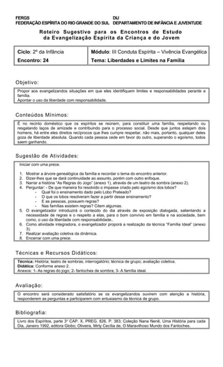 FERGS
FEDERAÇÃO ESPÍRITA DO RIO GRANDE DO SUL
DIJ
DEPARTAMENTO DE INFÂNCIA E JUVENTUDE
Roteiro Sugestivo para os Encontros de Estudo
da Evangelização Espírita da Criança e do Jovem
Ciclo: 2º da Infância Módulo: III Conduta Espírita – Vivência Evangélica
Encontro: 24 Tema: Liberdades e Limites na Família
Objetivo:
Propor aos evangelizandos situações em que eles identifiquem limites e responsabilidades perante a
família.
Apontar o uso da liberdade com responsabilidade.
Conteúdos Mínimos:
É no recinto doméstico que os espíritos se reúnem, para constituir uma família, respeitando ou
resgatando laços de amizade e contribuindo para o processo social. Desde que juntos estejam dois
homens, há entre eles direitos recíprocos que lhes cumpre respeitar, não mais, portanto, qualquer deles
goza de liberdade absoluta. Quando cada pessoa cede em favor do outro, superando o egoísmo, todos
saem ganhando.
Sugestão de Atividades:
Iniciar com uma prece.
1. Mostrar a árvore genealógica da família e recordar o tema do encontro anterior.
2. Dizer-lhes que se dará continuidade ao assunto, porém com outro enfoque.
3. Narrar a história “As Regras do Jogo” (anexo 1), através de um teatro de sombra (anexo 2).
4. Perguntar: - De que maneira foi resolvido o impasse criado pelo egoísmo dos lobos?
- Qual foi o ensinamento dado pelo Lobo Prateado?
- O que os lobos resolveram fazer a partir desse ensinamento?
- E as pessoas, possuem regras?
- Nas famílias existem regras? Citem algumas.
5. O evangelizador introduzirá o conteúdo do dia através de exposição dialogada, salientando a
necessidade de regras e o respeito a elas, para o bom convívio em família e na sociedade, bem
como, o uso da liberdade com responsabilidade..
6. Como atividade integradora, o evangelizador proporá a realização da técnica “Família Ideal” (anexo
3).
7. Realizar avaliação coletiva da dinâmica.
8. Encerrar com uma prece.
Técnicas e Recursos Didáticos:
Técnica: História; teatro de sombras; interrogatório; técnica de grupo; avaliação coletiva.
Didática: Conforme anexo 2.
Anexos: 1- As regras do jogo; 2- fantoches de sombra; 3- A família ideal.
Avaliação:
O encontro será considerado satisfatório se os evangelizandos ouvirem com atenção a história,
responderem as perguntas e participarem com entusiasmo da técnica de grupo.
Bibliografia:
Livro dos Espíritos, parte 3o
CAP. X, PREG. 826, P. 383; Coleção Nana Nenê, Uma História para cada
Dia, Janeiro 1992, editora Globo; Oliveira, Mirly Cecília de, O Maravilhoso Mundo dos Fantoches.
 