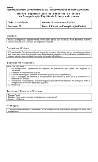 FERGS
FEDERAÇÃO ESPÍRITA DO RIO GRANDE DO SUL
DIJ
DEPARTAMENTO DE INFÂNCIA E JUVENTUDE
Roteiro Sugestivo para os Encontros de Estudo
da Evangelização Espírita da Criança e do Jovem
Ciclo: 2º da Infância Módulo: IV – Movimento Espírita
Encontro: 32 Tema: A Escola de Evangelização Espírita
Objetivo:
Indicar a Evangelização Espírita Infanto-Juvenil, como a base para a evolução moral da criatura na terra.
Mencionar locais onde se realiza a evangelização espírita.
Conteúdos Mínimos:
A Evangelização Espírita infanto-juvenil é uma das primeiras atividades a serem encetadas como base
para construção moral de um mundo novo. Essa atividade se realiza no Centro Espírita, possibilitando às
crianças e jovens a oportunidade de estudar e vivenciar o Espiritismo.
Sugestão de Atividades:
Iniciar com uma prece.
1. Os evangelizados apresentam as respostas do questionário que fizeram aos dirigentes da
Sociedade.
2. Comentar as respostas com o grupo.
3. Convidar as crianças a participar da dinâmica “por que estou aqui”(anexo 1).
4. Após a aplicação da dinâmica a evangelizadora desenvolverá o tema da aula destacando as
respostas das crianças.
5. Solicitar aos evangelizados a construir um painel aproveitando as respostas das crianças e ilustrá-lo
com gravuras de recortes de revistas ou jornais.
6. Prece final
Técnicas e Recursos Didáticos:
Técnica:Painel.
Didática: Papel pardo, gravuras, pincel atômico, revista, jornal
Anexos: 1- Dinâmica
Avaliação:
O encontro será considerado satisfatório, se os evangelizandos responderem as perguntas feitas pelo
evangelizador.
 