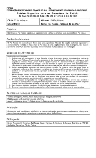 FERGS
FEDERAÇÃO ESPÍRITA DO RIO GRANDE DO SUL
DIJ
DEPARTAMENTO DE INFÂNCIA E JUVENTUDE
Roteiro Sugestivo para os Encontros de Estudo
da Evangelização Espírita da Criança e do Jovem
Ciclo: 2º da Infância Módulo: I O Espiritismo
Encontro: 8 Tema: Pai Nosso - Oração do Senhor
Objetivo:
Identificar no Pai Nosso, o pedido, o agradecimento e o louvor. analisar cada expressão do Pai Nosso.
Conteúdos Mínimos:
O Pai Nosso foi ensinado por Jesus aos seus apóstolos. Através da oração podemos agradecer e
compreender a vontade de nosso Pai. O Pai Nosso é uma oração simples mas abrangente, não fixando
quem ora, a nenhum capricho ou desejo impossibilitando muitas vezes a sua realização.
Sugestão de Atividades:
Iniciar o encontro com prece.
1. Solicitar que um evangelizador o faça. Recordar o tema do encontro anterior dramatizando a história do
Fariseu e do Publicano. Para motiva-los ao estudo do dia, o evangelizador distribuirá um critptograma onde
surgirão as palavras: Prece, Louvor, Pedir e Agradecer (anexo 1 – trabalho individual). Após, perguntar o
significado destas palavras às crianças. Ouvir as respostas e explicar que prece pode apresentar essas
características dependendo da necessidade e vontade daquele que ora. Explicar o significado das palavras.
2. Após o evangelizador perguntará se eles conhecem a oração Pai Nosso e como ela surgiu. Ouvir as
respostas e então narrar-lhe a passagem evangélica que Jesus ensina Pedro a orar (anexo 2). Neste ponto,
distribuir aos evangelizandos tiras de papel com as frases do Pai Nosso que também se chama Oração
Dominical.
3. Pedir que leiam, reflitam sobre seu significado e digam se ela expressa um pedido, agradecimento ou louvor
(anexo 3), Pedir que um fale no significado que pensou para a frase que recebeu. O evangelizador
completará as respostas quando necessário, para esclarecer o conteúdo do dia.
4. A seguir, colocar à disposição dos evangelizandos, jornais, revistas, desenhos e convidá-los a escolher o
desenho ou figura que mais se pareça à frase que possui. Feitas as escolhas, solicitar que montem um painel
coletivo colocando em ordem as frases do Pai Nosso, seguidas das figuras correspondentes.
5. Para fixarem o conteúdo, distribuir a Oração Pai Nosso dobrada em forma de gaita (anexo 4),
6. Encerrar o encontro convidando-os a proferirem o Pai Nosso, colocando todo o amor de seus corações.
Técnicas e Recursos Didáticos:
Técnica: cirptograma, história, frases (tiras), exposição dialogada, sanfoninha.
Didática: papel pardo ou similar, recortes, cola, tiras.
Anexo 1: criptograma; anexo 2 – história; anexo 3 – frases; anexo 4 – sanfoninha.
Avaliação:
O encontro será considerado satisfatório se os evangelizandos se mostrarem resolverem o criptograma,
responderem aos questionamentos e mostrarem o painel do Pai Nosso.
Bibliografia:
Xavier, Francisco C. Emmanuel. Pai Nosso. Xavier, Francisco C. Humberto de Campos. Boa Nova, p. 119-124.
Sanfoninha Raio de Luz. Edições Paulina.
 
