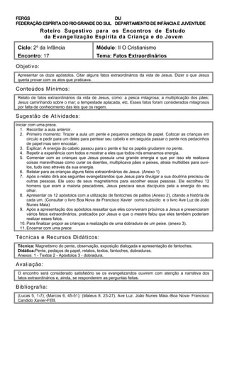 FERGS
FEDERAÇÃO ESPÍRITA DO RIO GRANDE DO SUL
DIJ
DEPARTAMENTO DE INFÂNCIA E JUVENTUDE
Roteiro Sugestivo para os Encontros de Estudo
da Evangelização Espírita da Criança e do Jovem
Ciclo: 2º da Infância Módulo: II O Cristianismo
Encontro: 17 Tema: Fatos Extraordinários
Objetivo:
Apresentar os doze apóstolos. Citar alguns fatos extraordinários da vida de Jesus. Dizer o que Jesus
queria provar com os atos que praticava.
Conteúdos Mínimos:
Relato de fatos extraordinários da vida de Jesus, como: a pesca milagrosa; a multiplicação dos pães;
Jesus caminhando sobre o mar; a tempestade aplacada, etc. Esses fatos foram considerados milagrosos
por falta de conhecimento das leis que os regem.
Sugestão de Atividades:
Iniciar com uma prece.
1. Recordar a aula anterior.
2. Primeiro momento: Trazer a aula um pente e pequenos pedaços de papel. Colocar as crianças em
circulo e pedir para um deles para pentear seu cabelo e em seguida passar o pente nos pedacinhos
de papel mas sem encostar.
3. Explicar: A energia do cabelo passou para o pente e fez os papéis grudarem no pente.
4. Repetir a experiência com todos e mostrar a eles que todos nós emanamos energia.
5. Comentar com as crianças que Jesus possuía uma grande energia e que por isso ele realizava
coisas maravilhosas como curar os doentes, multiplicava pães e peixes, atraia multidões para ouvi-
los, tudo isso através da sua energia.
6. Relatar para as crianças alguns fatos extraordinários de Jesus. (Anexo 1)
7. Após o relato dirá aos seguintes evangelizandos que Jesus para divulgar a sua doutrina precisou de
outras pessoas. Ele usou de seus magnetismos para escolher essas pessoas. Ele escolheu 12
homens que eram a maioria pescadores, Jesus pescava seus discípulos pela a energia do seu
olhar.
8. Apresentar os 12 apóstolos com a utilização de fantoches de palitos (Anexo 2), citando a história de
cada um. (Consultar o livro Boa Nova de Francisco Xavier como subsídio e o livro Ave Luz de João
Nunes Maia)
9. Após a apresentação dos apóstolos ressaltar que eles conviveram próximos a Jesus e presenciaram
vários fatos extraordinários, praticados por Jesus e que o mestre falou que eles também poderiam
realizar esses fatos.
10. Para finalizar propor as crianças a realização de uma dobradura de um peixe. (anexo 3).
11. Encerrar com uma prece
Técnicas e Recursos Didáticos:
Técnica: Magnetismo do pente, observação, exposição dialogada e apresentação de fantoches.
Didática:Pente, pedaços de papel, relatos, textos, fantoches, dobraduras.
Anexos: 1 - Textos 2 - Apóstolos 3 - dobradura.
Avaliação:
O encontro será considerado satisfatório se os evangelizandos ouvirem com atenção a narrativa dos
fatos extraordinários e, ainda, se responderem as perguntas feitas.
Bibliografia:
(Lucas 5, 1-7); (Marcos 6, 45-51); (Mateus 8, 23-27). Ave Luz. João Nunes Maia.-Boa Nova- Francisco
Candido Xavier-FEB.
 