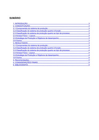 SUMÁRIO

  1. INTRODUÇÃO......................................................................................................................3
  2. CONCEITUAÇÃO.................................................................................................................3
  2.1 Componentes do sistema de produção...............................................................................3
  2.2 Classificação do sistema de produção quanto à função......................................................3
  2.3 Classificação do sistema de produção quanto ao tipo de processo....................................3
  2.4 Arranjo Físico – Layout.......................................................................................................3
  2.5 Estratégia de Produção e Objetivos de desempenho..........................................................3
  2.6 Outros.................................................................................................................................3
  3. RESULTADOS......................................................................................................................3
  3.1 Componentes do sistema de produção...............................................................................3
  3.2 Classificação do sistema de produção quanto à função......................................................3
  3.3 Classificação do sistema de produção quanto ao tipo de processo....................................4
  3.4 Arranjo Físico - Layout........................................................................................................4
  3.5 Estratégia de Produção e Objetivos de desempenho..........................................................4
  3.6 Outros.................................................................................................................................5
  4. Recomendações...................................................................................................................5
  5. CONSIDERAÇÕES FINAIS..................................................................................................5
  6. BIBLIOGRAFIA.....................................................................................................................5
 