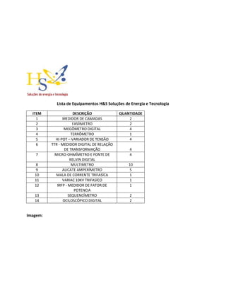 Lista de Equipamentos H&S Soluções de Energia e Tecnologia
ITEM DESCRIÇÃO QUANTIDADE
1 MEDIDOR DE CAMADAS 2
2 FASÍIMETRO 2
3 MEGÔMETRO DIGITAL 4
4 TERRÔMETRO 1
5 HI-POT – VARIADOR DE TENSÃO 4
6 TTR - MEDIDOR DIGITAL DE RELAÇÃO
DE TRANSFORMAÇÃO 4
7 MICRO-OHMÍMETRO E FONTE DE
KELVIN DIGITAL
4
8 MULTIMETRO 10
9 ALICATE AMPERÍMETRO 5
10 MALA DE CORRENTE TRIFASÍCA 1
11 VARIAC 10KV TRIFASÍCO 1
12 MFP - MEDIDOR DE FATOR DE
POTENCIA
1
13 SEQUENCÍMETRO 2
14 OCILOSCÓPICO DIGITAL 2
Imagem:
 