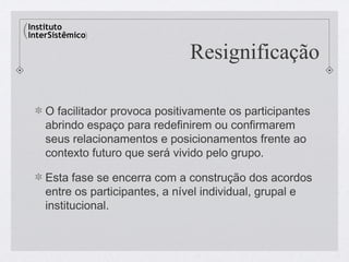Resignificação

O facilitador provoca positivamente os participantes
abrindo espaço para redefinirem ou confirmarem
seus relacionamentos e posicionamentos frente ao
contexto futuro que será vivido pelo grupo.

Esta fase se encerra com a construção dos acordos
entre os participantes, a nível individual, grupal e
institucional.
 