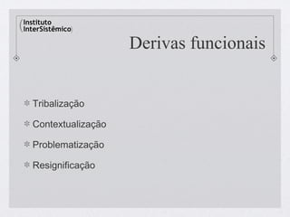 Derivas funcionais


Tribalização

Contextualização

Problematização

Resignificação
 