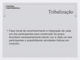Tribalização


Fase inicial de reconhecimento e integração de cada
um dos participantes para construção do grupo.
Acontece necessariamente dando voz a cada um dos
participantes e possibilitando atividades lúdicas em
conjunto.
 