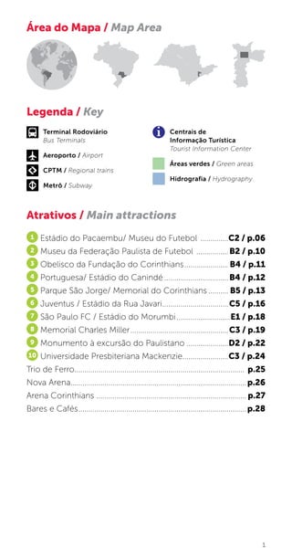 1
Atrativos / Main attractions
1 Estádio do Pacaembu/ Museu do Futebol ...............C2 / p.06
2 Museu da Federação Paulista de Futebol .................B2 / p.10
3 Obelisco da Fundação do Corinthians....................... B4 / p.11
4 Portuguesa/ Estádio do Canindé.................................B4 / p.12
5 Parque São Jorge/ Memorial do Corinthians........... B5 / p.13
6 Juventus / Estádio da Rua Javari..................................C5 / p.16
7 São Paulo FC / Estádio do Morumbi............................E1 / p.18
8 Memorial Charles Miller..................................................C3 / p.19
9 Monumento à excursão do Paulistano......................D2 / p.22
10 Universidade Presbiteriana Mackenzie........................C3 / p.24
Trio de Ferro...................................................................................... p.25
Nova Arena........................................................................................p.26
Arena Corinthians ............................................................................ p.27
Bares e Cafés.....................................................................................p.28
Área do Mapa / Map Area
Legenda / Key
Terminal Rodoviário
Bus Terminals
Aeroporto / Airport
CPTM / Regional trains
Metrô / Subway
Centrais de
Informação Turística
Tourist Information Center
Áreas verdes / Green areas
Hidrografia / Hydrography
 