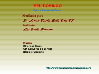 MEU DOMINGO
Com a Palavra de Deus

Meditada por:

Pe. Antônio Geraldo Dalla Costa CS
Ilustração:

Nelso Geraldo Ferronatto

Música:
Olhem as flores
CD: Louvores ao Senhor
Blasio e Claudete

http://www.buscandonovasaguas.com

 