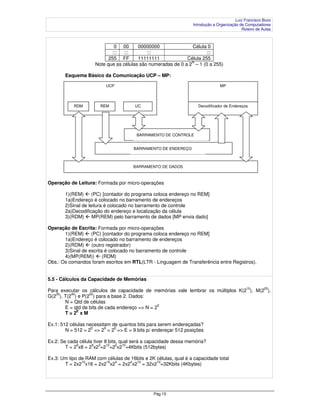 Luiz Francisco Bozo
                                                                  Introdução a Organização de Computadores
                                                                                            Roteiro de Aulas



                             0 00       00000000               Célula 0
                            :::   :::       :::                       :::
                           255 FF       11111111             Célula 255
                                                               N
                     Note que as células são numeradas de 0 a 2 – 1 (0 a 255)

       Esquema Básico da Comunicação UCP – MP:

                          UCP                                                   MP




           RDM         REM             UC                           Decodificador de Endereços




                                        BARRAMENTO DE CONTROLE


                                       BARRAMENTO DE ENDEREÇO



                                      BARRAMENTO DE DADOS



Operação de Leitura: Formada por micro-operações

       1)(REM)  (PC) [contador do programa coloca endereço no REM]
       1a)Endereço é colocado no barramento de endereços
       2)Sinal de leitura é colocado no barramento de controle
       2a)Decodificação do endereço e localização da célula
       3)(RDM)  MP(REM) pelo barramento de dados [MP envia dado]

Operação de Escrita: Formada por micro-operações
       1)(REM)  (PC) [contador do programa coloca endereço no REM]
       1a)Endereço é colocado no barramento de endereços
       2)(RDM)  (outro registrador)
       3)Sinal de escrita é colocado no barramento de controle
       4)(MP(REM))  (RDM)
Obs.: Os comandos foram escritos em RTL(LTR - Linguagem de Transferência entre Registros).


5.5 - Cálculos da Capacidade de Memórias
                                                                                              10        20
Para executar os cálculos de capacidade de memórias vale lembrar os múltiplos K(2 ), M(2 ),
   30     40      50
G(2 ), T(2 ) e P(2 ) para a base 2. Dados:
       N = Qtd de células
                                                E
       E = qtd de bits de cada endereço => N = 2
             E
       T=2 xM

Ex.1: 512 células necessitam de quantos bits para serem endereçadas?
                    E     9   E
        N = 512 = 2 => 2 = 2 => E = 9 bits p/ endereçar 512 posições

Ex.2: Se cada célula tiver 8 bits, qual será a capacidade dessa memória?
             9      9   3   12   2  10
        T = 2 x8 = 2 x2 =2 =2 x2 =4Kbits (512bytes)

Ex.3: Um tipo de RAM com células de 16bits e 2K células, qual é a capacidade total
               10       10  4      4  10        10
       T = 2x2 x16 = 2x2 x2 = 2x2 x2 = 32x2 =32Kbits (4Kbytes)




                                                Pág 15
 