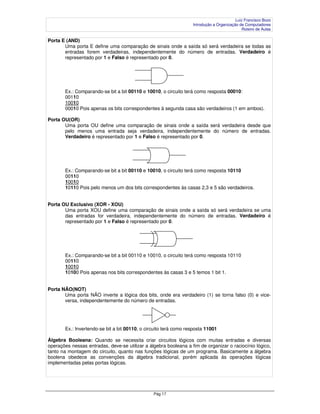 Luiz Francisco Bozo
                                                                  Introdução a Organização de Computadores
                                                                                            Roteiro de Aulas

Porta E (AND)
       Uma porta E define uma comparação de sinais onde a saída só será verdadeira se todas as
       entradas forem verdadeiras, independentemente do número de entradas. Verdadeiro é
       representado por 1 e Falso é representado por 0.




       Ex.: Comparando-se bit a bit 00110 e 10010, o circuito terá como resposta 00010:
       00110
       10010
       00010 Pois apenas os bits correspondentes à segunda casa são verdadeiros (1 em ambos).

Porta OU(OR)
       Uma porta OU define uma comparação de sinais onde a saída será verdadeira desde que
       pelo menos uma entrada seja verdadeira, independentemente do número de entradas.
       Verdadeiro é representado por 1 e Falso é representado por 0.




       Ex.: Comparando-se bit a bit 00110 e 10010, o circuito terá como resposta 10110
       00110
       10010
       10110 Pois pelo menos um dos bits correspondentes às casas 2,3 e 5 são verdadeiros.


Porta OU Exclusivo (XOR - XOU)
       Uma porta XOU define uma comparação de sinais onde a saída só será verdadeira se uma
       das entradas for verdadeira, independentemente do número de entradas. Verdadeiro é
       representado por 1 e Falso é representado por 0.




       Ex.: Comparando-se bit a bit 00110 e 10010, o circuito terá como resposta 10110
       00110
       10010
       10100 Pois apenas nos bits correspondentes às casas 3 e 5 temos 1 bit 1.


Porta NÃO(NOT)
       Uma porta NÃO inverte a lógica dos bits, onde era verdadeiro (1) se torna falso (0) e vice-
       versa, independentemente do número de entradas.




       Ex.: Invertendo-se bit a bit 00110, o circuito terá como resposta 11001

Álgebra Booleana: Quando se necessita criar circuitos lógicos com muitas entradas e diversas
operações nessas entradas, deve-se utilizar a álgebra booleana a fim de organizar o raciocínio lógico,
tanto na montagem do circuito, quanto nas funções lógicas de um programa. Basicamente a álgebra
boolena obedece as convenções da álgebra tradicional, porém aplicada às operações lógicas
implementadas pelas portas lógicas.




                                                Pág 17
 