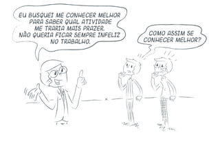 Eu busquei me conhecer melhor
para saber qual atividade
me traria mais prazer.
Não queria ficar sempre infeliz
no trabalho.
Como assim se
conhecer melhor?
 