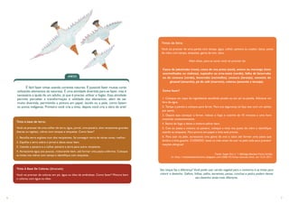 Tintas da feira:

                                                                                                     Você vai precisar de uma panela com tampa, água, colher, peneira ou coador, bacia, potes
                                                                                                     de vidro com tampa, etiquetas, gema de ovo, talco.

                                                                                                                           Além disso, para as cores você vai precisar de:

                                                                                                     Casca de jabuticaba (rosa), casca de uva preta (azul), amora ou morango (tons
                                                                                                     avermelhados ou violetas), espinafre ou erva-mate (verde), folha de beterraba
                                              ANEXO                                                  ou de cenoura (verde), beterraba (vermelho), cenoura (laranja), semente de
                                                                                                          girassol (amarelo), pó de café (marrom), colorau (amarelo e laranja).
    	      É fácil fazer tintas usando corantes naturais. É possível fazer muitas cores
    utilizando elementos da natureza. É uma atividade divertida para se fazer, mas é                 Como fazer?
    necessária a ajuda de um adulto, já que é preciso utilizar o fogão. Essa atividade
    permite perceber a transformação e utilidade dos elementos, além de ser                          1. Coloque um copo do ingrediente escolhido picado ou em pó na panela. Adicione um
    muito divertida, permitindo a pintura em papel, tecido ou a pele, como fazem                     litro de água.
    os povos indígenas. Primeiro você cria a tinta, depois você cria a obra de arte!                 2. Tampe a panela e coloque para ferver. Para sua segurança só faça isso com um adulto
                                                                                                     por perto.
                                                                                                     3. Depois que começar a ferver, reduza o fogo e cozinhe de 45 minutos a uma hora
        TINTA À BASE DE TERRA                                                                        mexendo constantemente.
    Tinta à base de terra:
                                                                                                     4. Retire do fogo e deixe a mistura esfriar bem.
    Você vai precisar de uma colher de terra, água, jornal, uma peneira, dois recipientes grandes    5. Coe ou passe a mistura na peneira, coloque a tinta nos potes de vidro e identifique
    (bacias ou tigelas), vidros com tampas e etiquetas. Como fazer?                                  usando as etiquetas. Para pintura em papel a tinta está pronta.
    1. Recolha terra argilosa num dos recipientes. Se conseguir terra de várias cores, melhor.       6. Para usar na pele, acrescente uma gema de ovo e talco até formar uma pasta que
                                                                                                     lembra a tinta guache. CUIDADO: teste na mão antes de usar na pele toda para prevenir
    2. Espalhe a terra sobre o jornal e deixe secar bem.
                                                                                                     reações alérgicas!
    3. Usando a peneira e a colher peneire a terra para outro recipiente.
    4. Acrescente água aos poucos, misturando bem, até formar uma pasta uniforme. Coloque
                                                                                                                                                  Fonte: Super Eco n° 1 (Bióloga Mariana Faria Corrêa)
    as tintas nos vidros com tampa e identifique com etiquetas.
                                                                                                            In: http://meioambienteonline.blogspot.com/2008/10/tintas-naturais.html, em 12.01.2011.



    Tinta À Base De Colorau (Urucum):                                                               Seu toque faz a diferença! Você pode usar carvão vegetal para o contorno e as tintas para
    Você vai precisar de colorau em pó, água ou óleo de amêndoas. Como fazer? Misture bem           colorir o desenho. Galhos, folhas, palha, sementes, penas, conchas e pedra podem deixar
    o colorau com água ou óleo.                                                                                                 seu desenho ainda mais diferente.




6                                                                                                                                                                                                        7
 