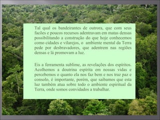  Tal qual os bandeirantes de outrora, que com seus
facões e poucos recursos adentravam em matas densas
possibilitando a construção do que hoje conhecemos
como cidades e vilarejos, o ambiente mental da Terra
pede por desbravadores, que adentrem nas regiões
densas e lá promovam a luz.

 Eis a ferramenta sublime, as revelações dos espíritos.
Acolhemos a doutrina espírita em nossas vidas e
percebemos o quanto ela nos faz bem e nos traz paz e
consolo, é importante, porém, que saibamos que esta
luz também atua sobre todo o ambiente espiritual da
Terra, onde somos convidados a trabalhar.
 