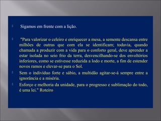  Sigamos em frente com a lição.
  "Para valorizar o celeiro e enriquecer a mesa, a semente descansa entre 
milhões  de  outras  que  com  ela  se  identificam;  todavia,  quando 
chamada a produzir com a vida para o conforto geral, deve aprender a 
estar isolada no seio frio da terra, desvencilhando-se dos envoltórios 
inferiores, como se estivesse reduzida a lodo e morte, a fim de estender 
novos ramos e elevar-se para o Sol.
 Sem o indivíduo forte e sábio, a multidão agitar-se-á sempre entre a 
ignorância e a miséria.
 Esforço e melhoria da unidade, para o progresso e sublimação do todo, 
é uma lei." Roteiro
 