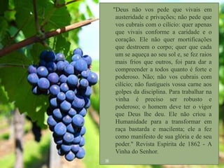 "Deus não vos pede que vivais em
austeridade e privações; não pede que
vos cubrais com o cilício: quer apenas
que vivais conforme a caridade e o
coração. Ele não quer mortificações
que destroem o corpo; quer que cada
um se aqueça ao seu sol e, se fez raios
mais frios que outros, foi para dar a
compreender a todos quanto é forte e
poderoso. Não; não vos cubrais com
cilício; não fustigueis vossa carne aos
golpes da disciplina. Para trabalhar na
vinha é preciso ser robusto e
poderoso; o homem deve ter o vigor
que Deus lhe deu. Ele não criou a
Humanidade para a transformar em
raça bastarda e macilenta; ele a fez
como manifesto de sua glória e de seu
poder." Revista Espírita de 1862 - A
Vinha do Senhor.

 