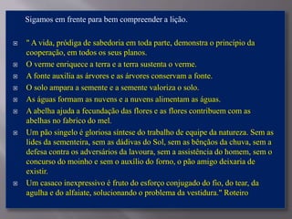 Sigamos em frente para bem compreender a lição.
 " A vida, pródiga de sabedoria em toda parte, demonstra o princípio da
cooperação, em todos os seus planos.
 O verme enriquece a terra e a terra sustenta o verme.
 A fonte auxilia as árvores e as árvores conservam a fonte.
 O solo ampara a semente e a semente valoriza o solo.
 As águas formam as nuvens e a nuvens alimentam as águas.
 A abelha ajuda a fecundação das flores e as flores contribuem com as
abelhas no fabrico do mel.
 Um pão singelo é gloriosa síntese do trabalho de equipe da natureza. Sem as
lides da sementeira, sem as dádivas do Sol, sem as bênçãos da chuva, sem a
defesa contra os adversários da lavoura, sem a assistência do homem, sem o
concurso do moinho e sem o auxílio do forno, o pão amigo deixaria de
existir.
 Um casaco inexpressivo é fruto do esforço conjugado do fio, do tear, da
agulha e do alfaiate, solucionando o problema da vestidura." Roteiro
 
