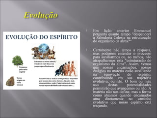  Em lição anterior Emmanuel
pergunta quanto tempo "despenderá
a Sabedoria Celeste na estruturação
do organismo da alma?“
 Certamente não temos a resposta,
mas podemos entender o processo
para auxiliarmos ou, ao menos, não
atrapalharmos esta "estruturação do
organismo da alma". Assim, vemos
que nossas encarnações, nossos
estágios na matéria estão auxiliando
na renovação do espírito,
contribuindo em sua trajetória
evolutiva, ou não. O bom ou mau
uso destas potencialidades
permitirão que avancemos ou não. A
matéria não nos define, mas a forma
como atuamos quando encarnados
atua diretamente no caminho
evolutivo que nosso espírito está
traçando.
 