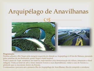Arquipélago de Anavilhanas 
 
Programação: 
Partida subindo o Rio Negro pela margem esquerda em direção ao Arquipélago á 65 km de Manaus, passando 
pelas palafitas de são Raimundo ,ponta Negra e hotel tropical . 
Visita a praia do Tupé, residência dos nativos, onde teremos uma demonstração da cultura, artesanato e ritual 
indígena .Visita ao hotel de selva Ariaú Amazon Towers e suas dependências, visitar a casa do Tarzan e a 
pirâmide que se encontram dentro da floresta. 
Continuamos o percurso até a primeira ilha do Arquipélago de Anavilhanas, ilha do comprido e arredores. 
 