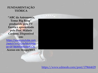 FUNDAMENTAÇÃO
TEÓRICA
“ABC da Astronomia,
Tema: Big Bang”
produzido pela TV
Escola e apresentado
pelo Prof. Walmir
Cardoso. Disponível
em:
https://www.youtube.com
/watch?v=CH24yfMrA94&l
ist=SP786495B96AB0CC3C
Acesso em 16/ago/2013.
https://www.edmodo.com/post/179664629
 