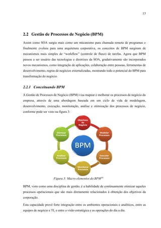 13




2.2 Gestão de Processos de Negócio (BPM)
Assim como SOA surgiu mais como um mecanismo para chamada remota de programas e
finalmente evoluiu para uma arquitetura corporativa, os conceitos de BPM surgiram de
mecanismos mais simples de “workflow” (controle de fluxo) de tarefas. Agora que BPM
passou a ser usuário das tecnologias e diretrizes da SOA, gradativamente são incorporados
novos mecanismos, como integração de aplicações, colaboração entre pessoas, ferramentas de
desenvolvimento, regras de negócios externalizadas, mostrando todo o potencial do BPM para
transformação do negócio.


2.2.1 Conceituando BPM

A Gestão de Processos de Negócio (BPM) visa mapear e melhorar os processos de negócio da
empresa, através de uma abordagem baseada em um ciclo de vida de modelagem,
desenvolvimento, execução, monitoração, análise e otimização dos processos de negócio,
conforme pode ser visto na figura 3:




                        Figura 3: Macro elementos do BPM[9]

BPM, visto como uma disciplina de gestão, é a habilidade de continuamente otimizar aqueles
processos operacionais que são mais diretamente relacionados à obtenção dos objetivos da
corporação.

Esta capacidade provê forte integração entre os ambientes operacionais e analíticos, entre as
equipes de negócio e TI, e entre a visão estratégica e as operações do dia a dia.
 