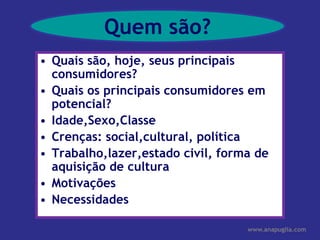 Quem são?Quais são, hoje, seus principais consumidores?Quais os principais consumidores em potencial?Idade,Sexo,ClasseCrenças: social,cultural, política Trabalho,lazer,estado civil, forma de aquisição de culturaMotivaçõesNecessidades