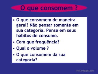 O que consomem ?O que consomem de maneira geral? Não pensar somente em sua categoria. Pense em seus hábitos de consumo.Com que frequência?Qual o volume ?O que consomem da sua categoria?